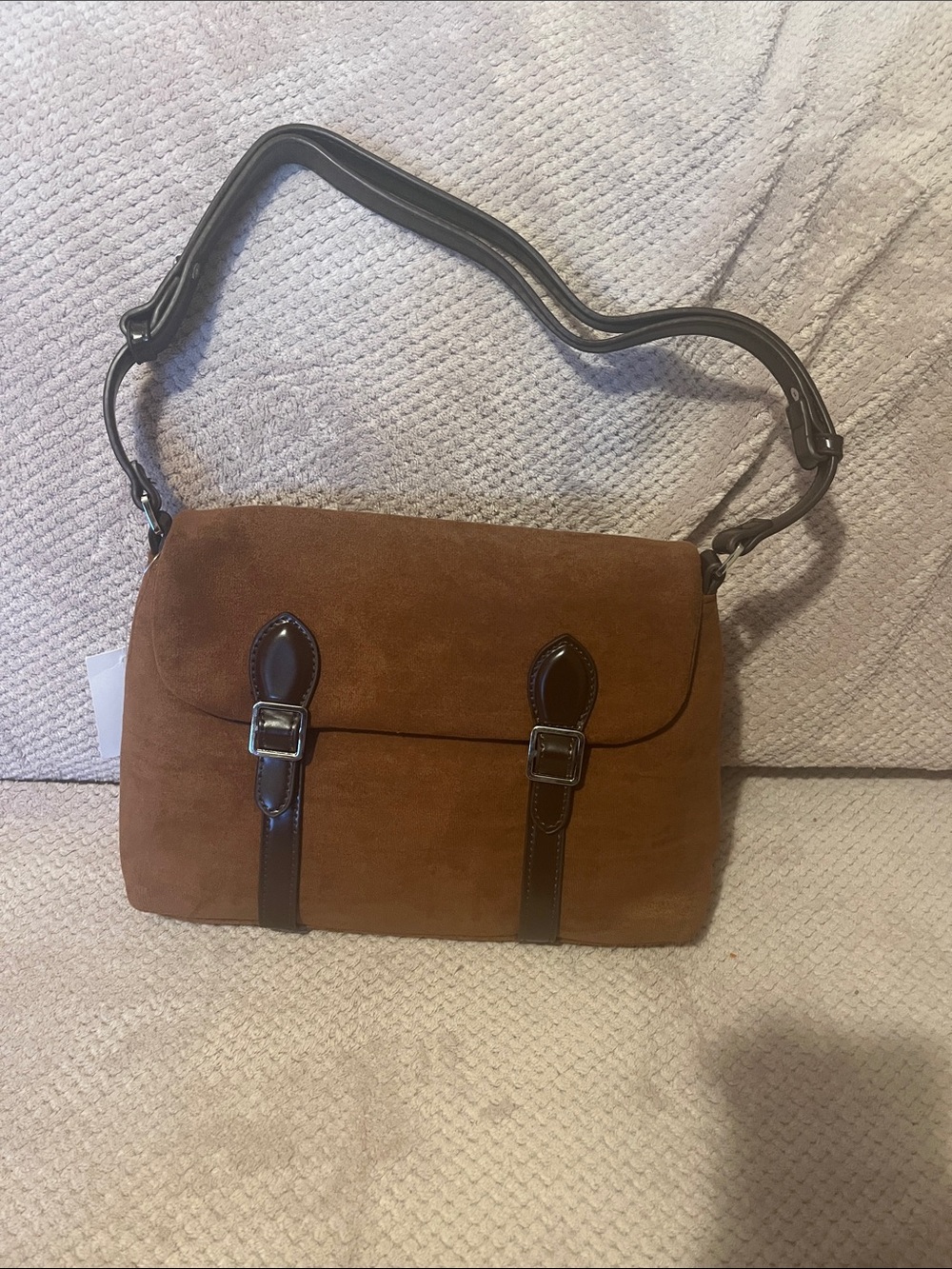 Brown Suede Crossbody Satchel with Dark Trim